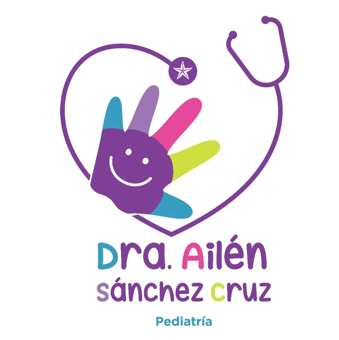 Logotipo de la Dra. Ailén Sánchez Cruz: mano infantil de colores dentro de un corazón con estetoscopio